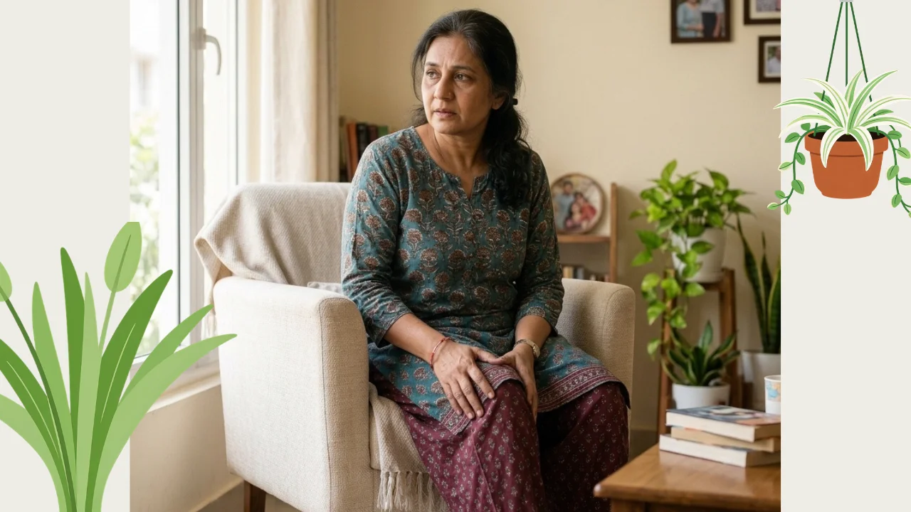 Woman holding her knee and hands with arthritis and joint pain in a sunlit living room. She consulted with Dr. Tanvir and getting well. 