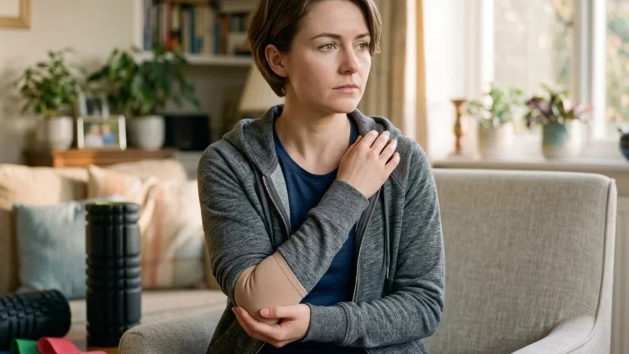 Young athletic woman at home gently supporting a sore elbow with a calm, concerned look